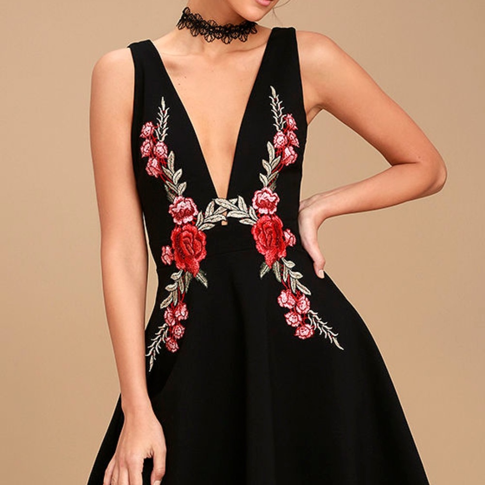 ROMANTIC ROSE BLACK EMBROIDERED SKATER DRESS